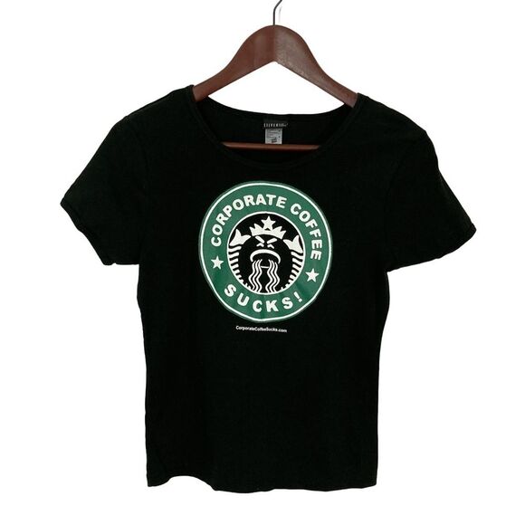 Silver Tops - Silver T-Shirt Women’s Medium Black Graphic Tee Funny Coffee Sucks Novelty Top